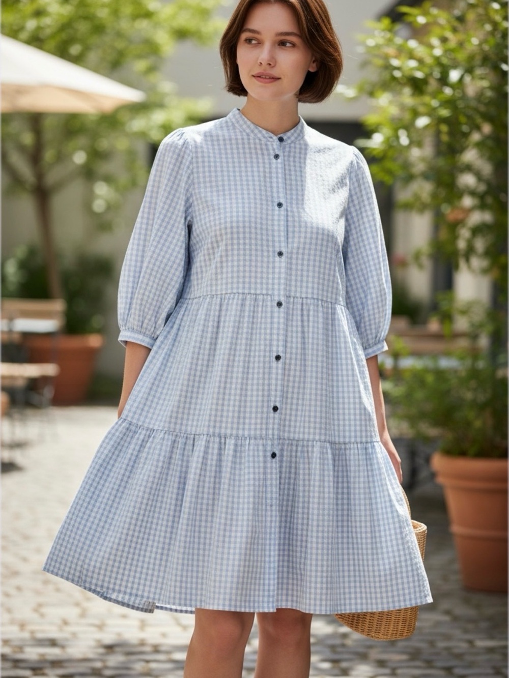 BEACHSISSI Light Blue Gingham Button-Front Tiered Dress
